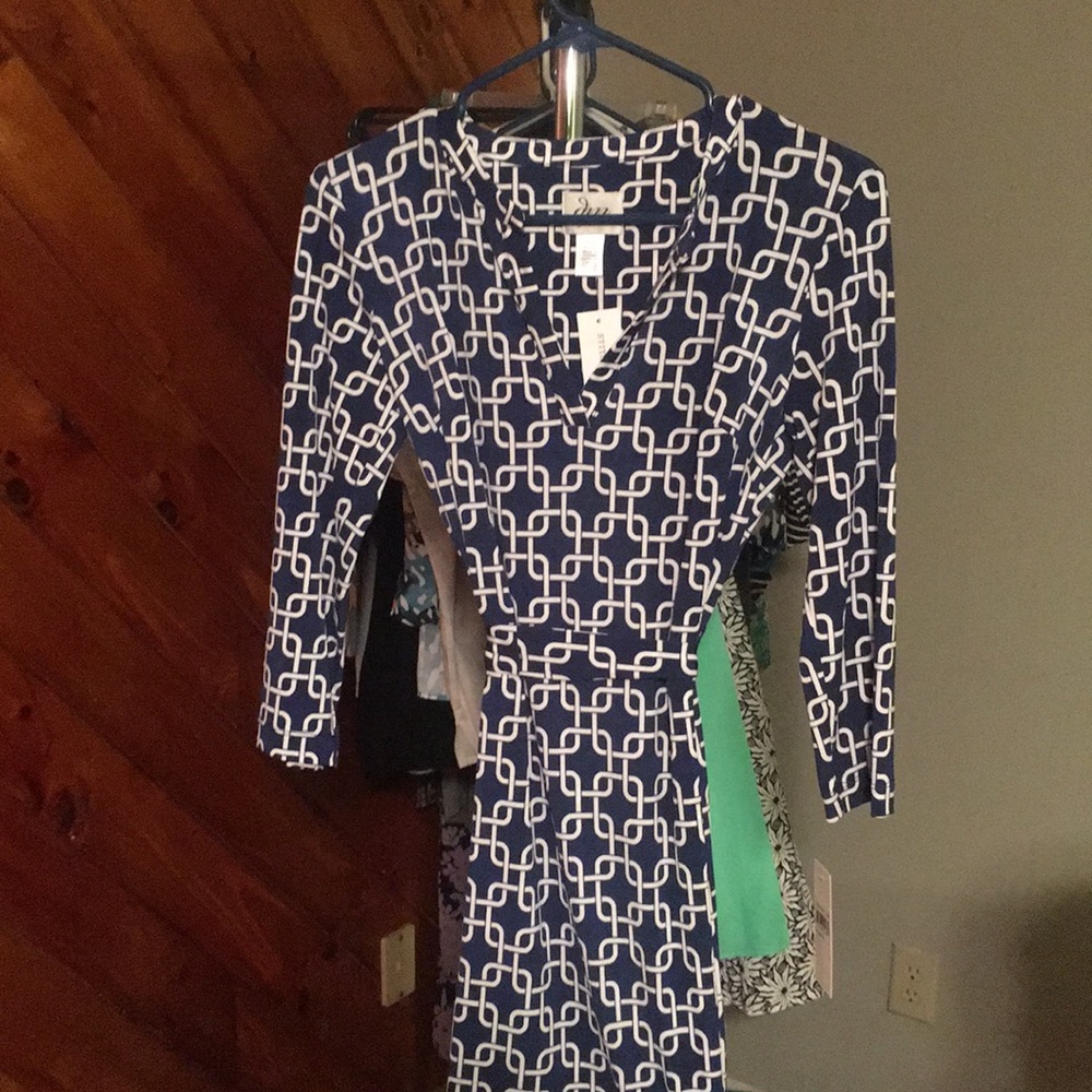 Navy and white print dress